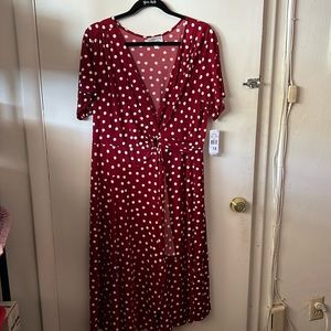 Red Dress with white dots, v neck never worn